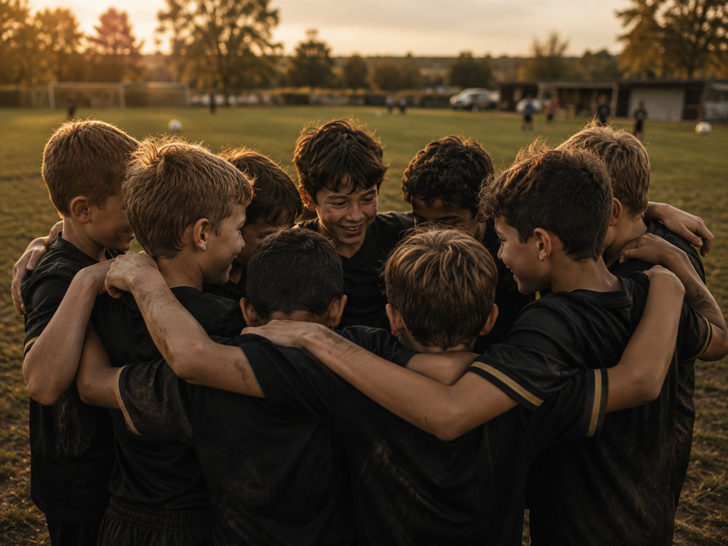 Junior sports team huddling together after a match