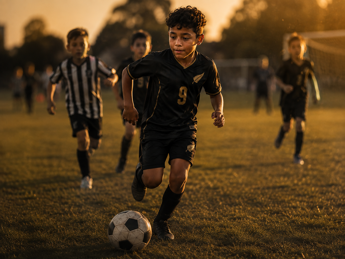 Junior football player in match action at golden hour