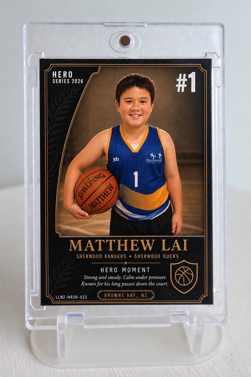 Portrait style card in a magnetic display case