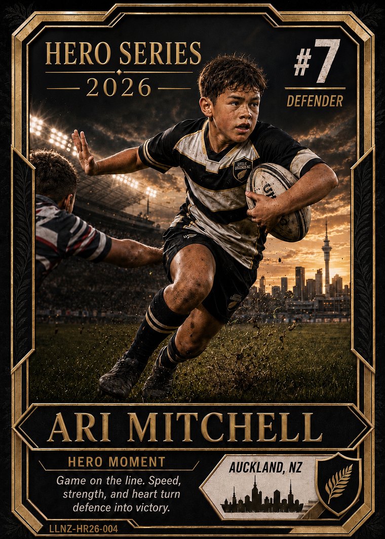 Hero Series card design: Ari Mitchell, Rugby Defender, number 7