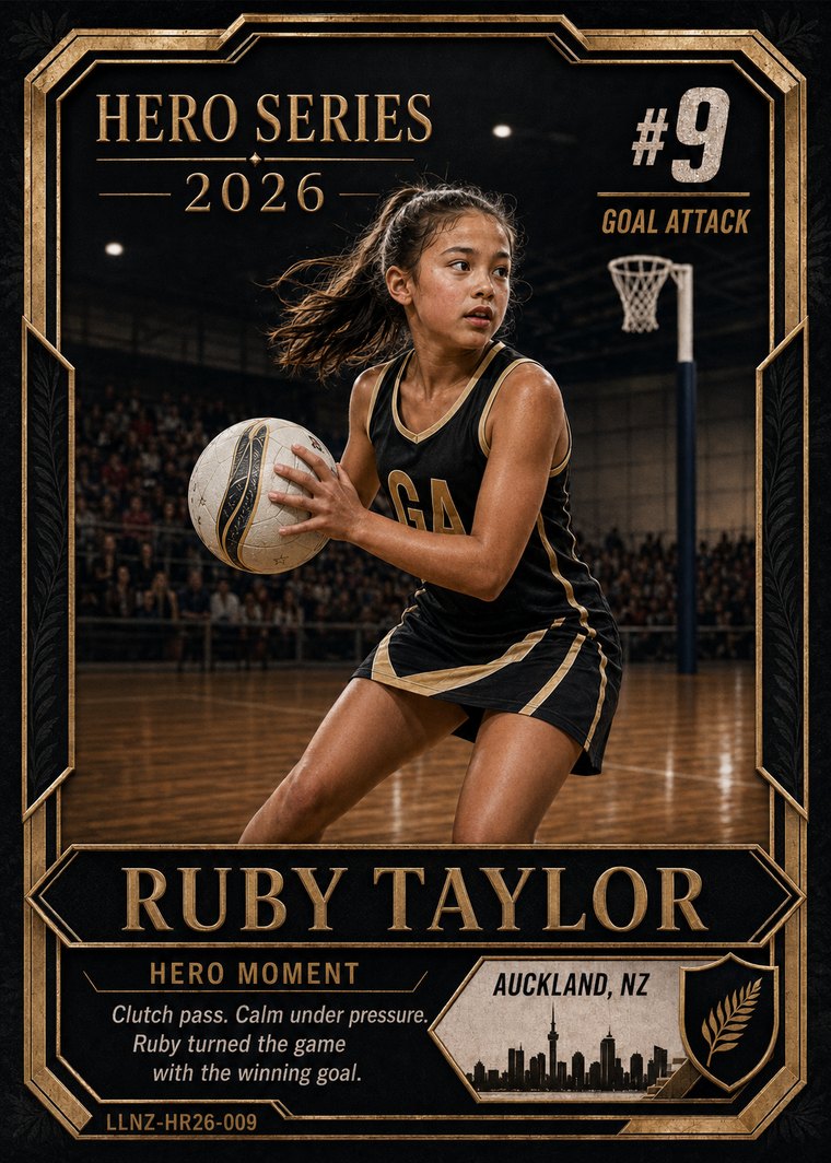 Hero Series card design: Ruby Taylor, Netball Goal Attack, number 9