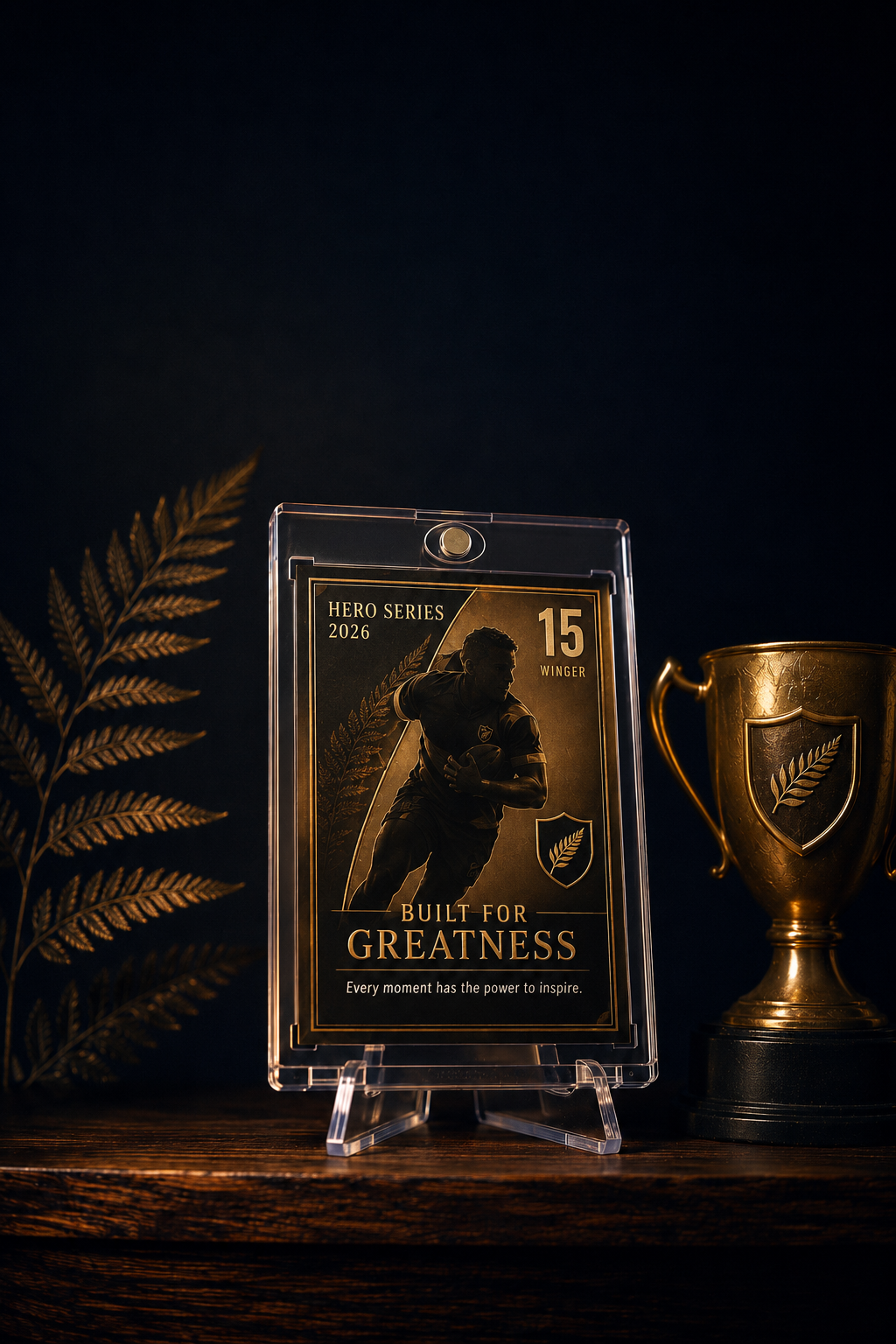 Little Legends hero card in magnetic case beside gold trophy