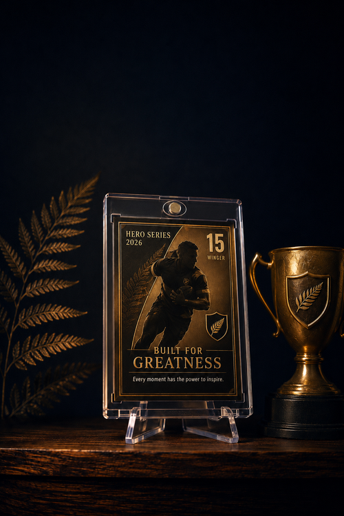 Little Legends hero card in magnetic case beside gold trophy