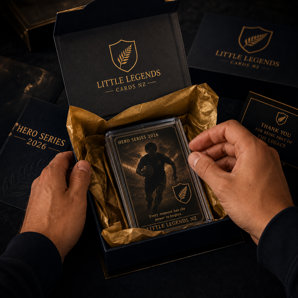 Unboxing a Little Legends hero card in gift box with gold tissue