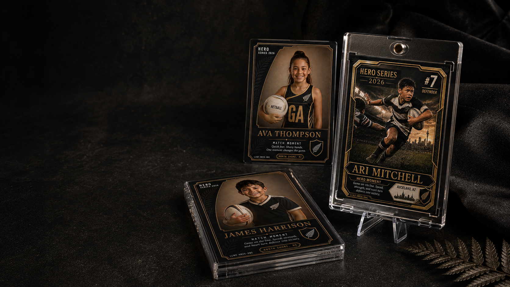 Little Legends personalised cards displayed in premium clear cases