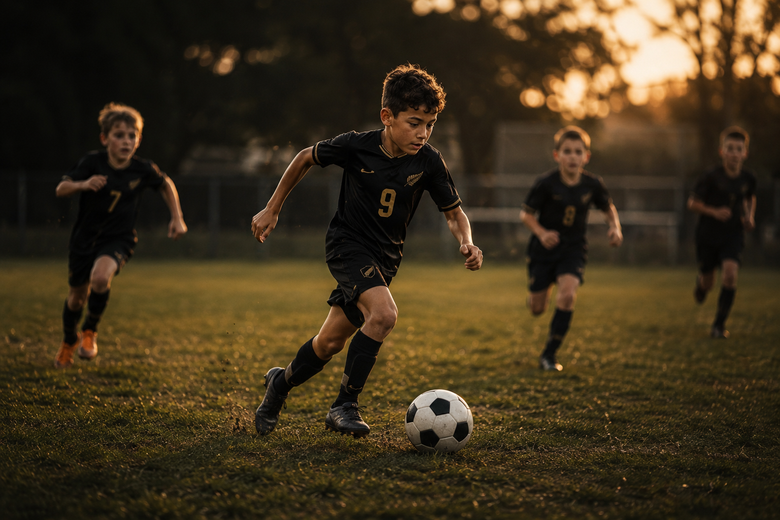 Junior football player in match action at golden hour