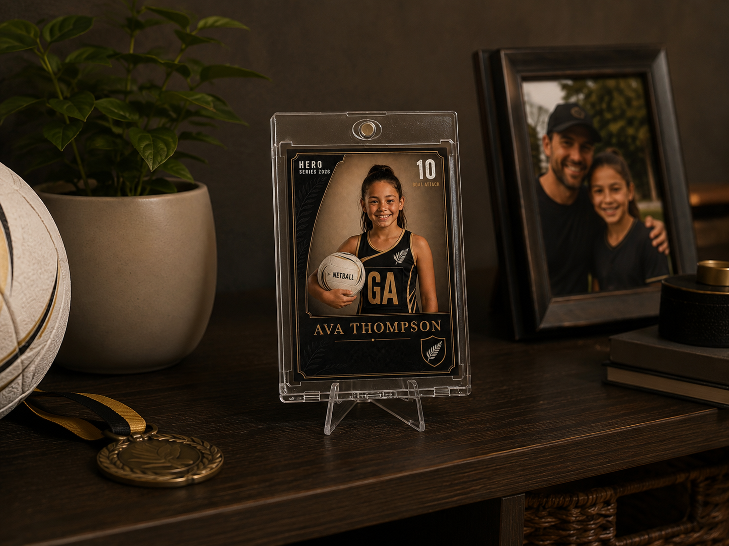 Little Legends personalised sports card displayed on a shelf at home