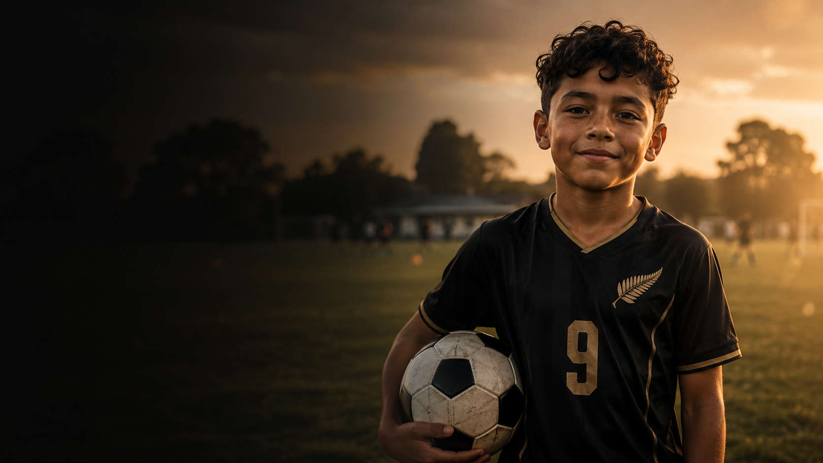 Junior football player portrait at a community sports field