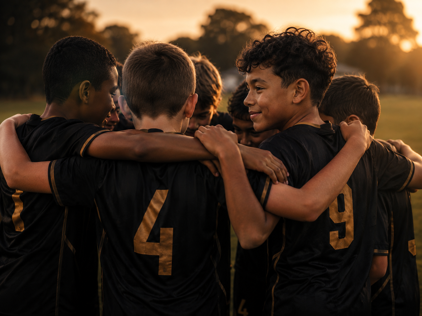 Junior football teammates sharing a team huddle