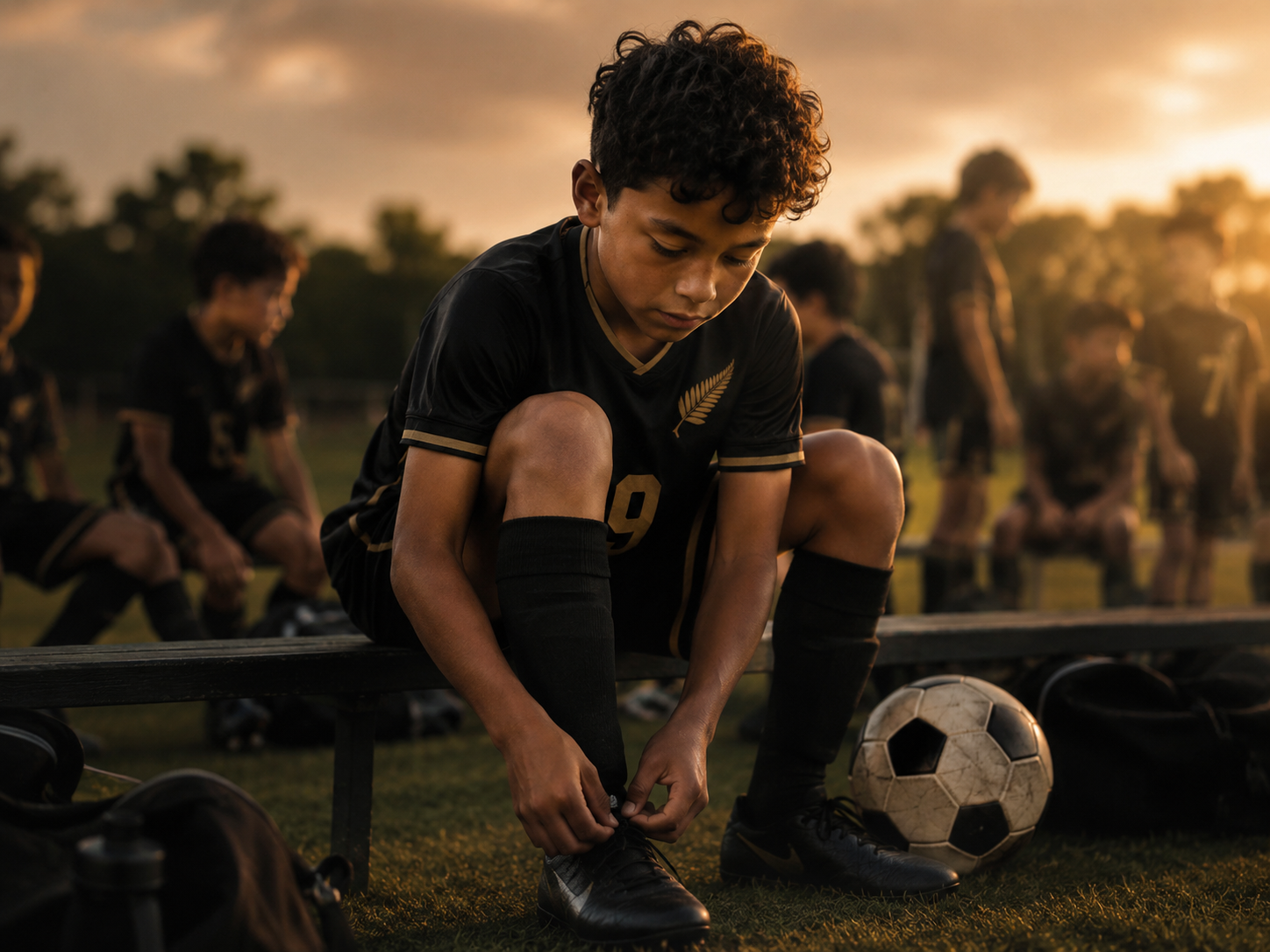 Junior football player preparing for a match