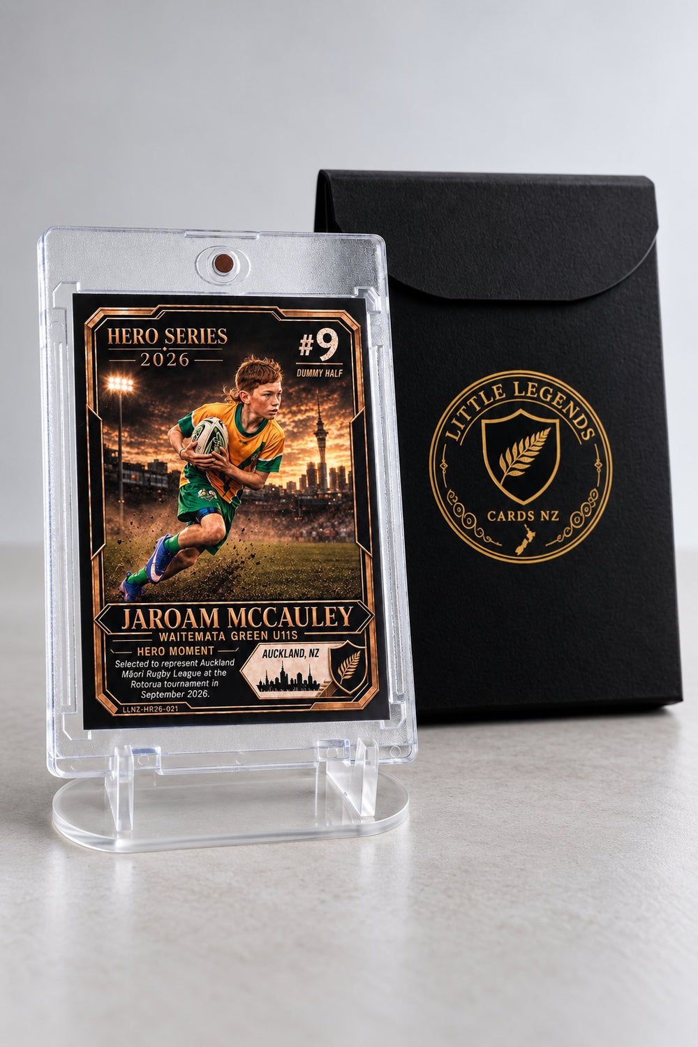 Gift Set: Action style rugby league card in a magnetic display case with stand and gift box
