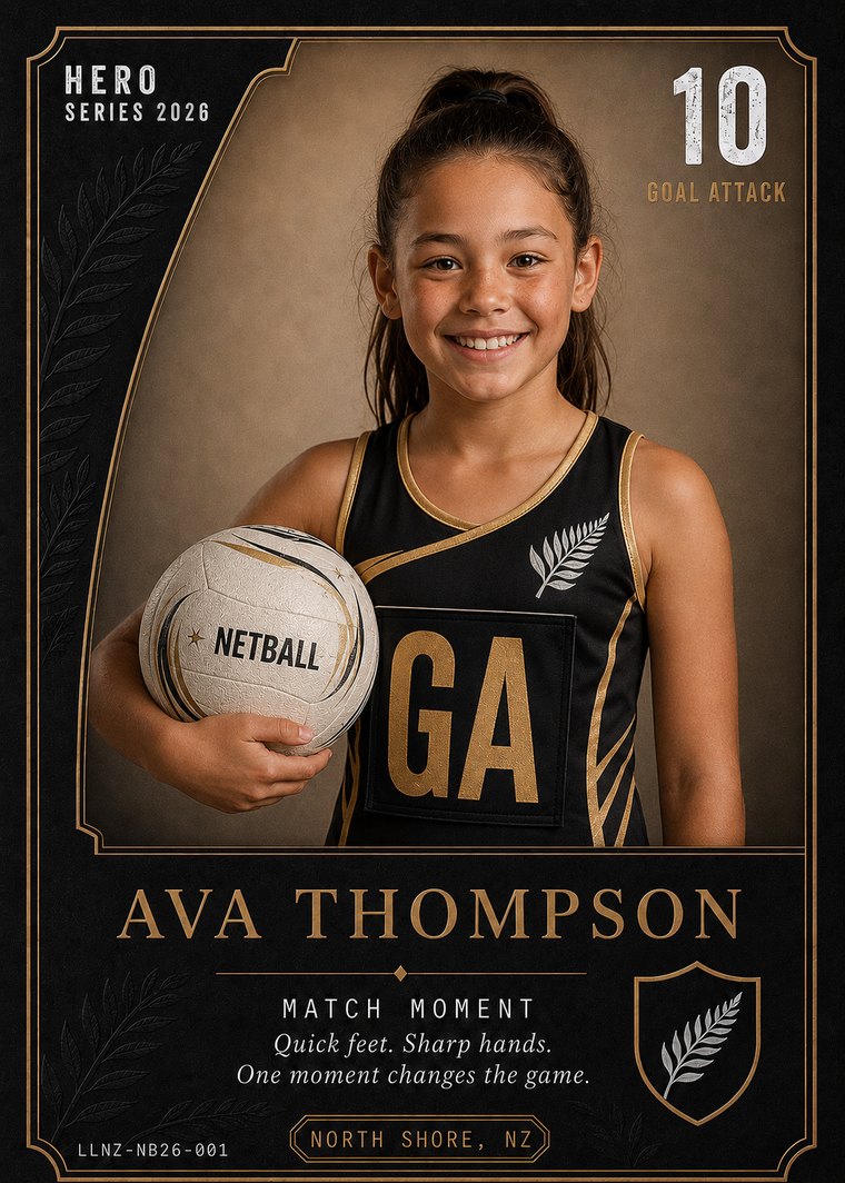 Hero Series card design preview: Ava Thompson, Netball, Collector Edition — illustrative design, not a real customer