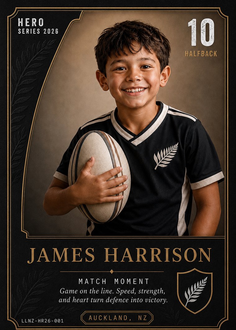 Hero Series card design preview: James Harrison, Rugby, Collector Edition — illustrative design, not a real customer