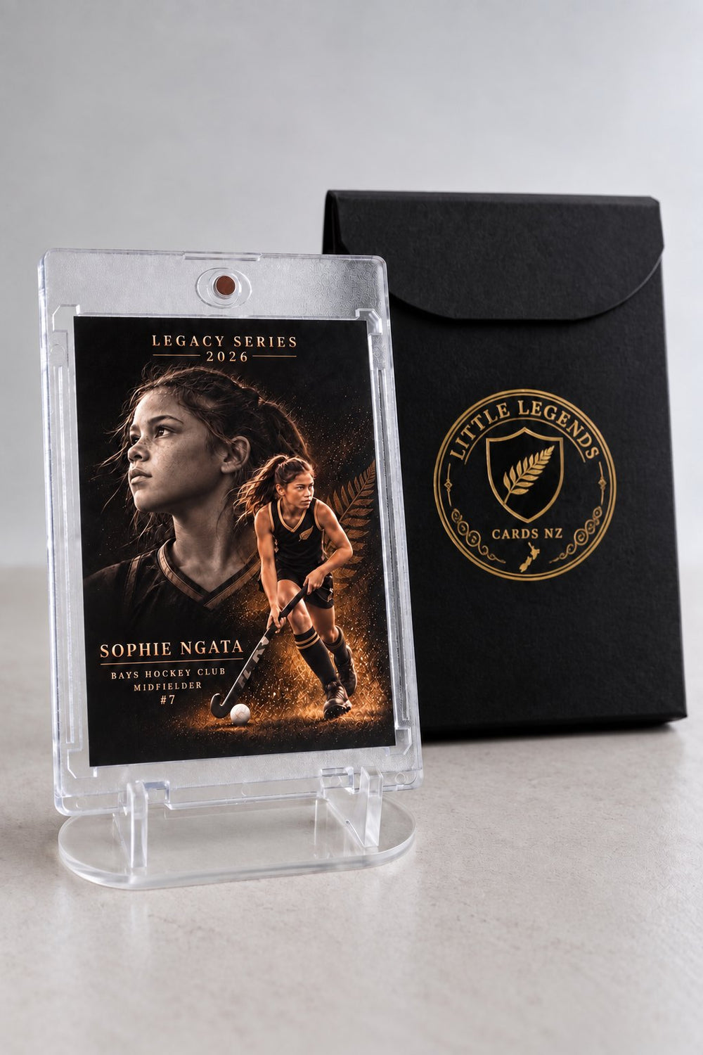 Gift Set: Legacy style hockey card in a magnetic display case with stand and gift box