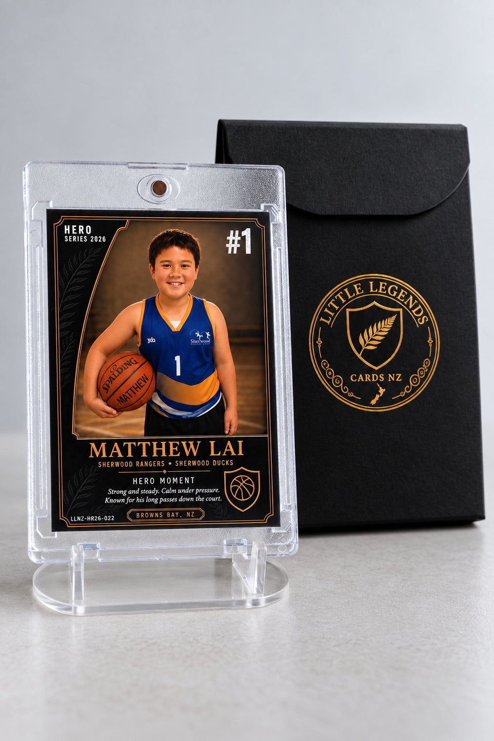 Gift Set: Portrait style basketball card in a magnetic display case with stand and gift box