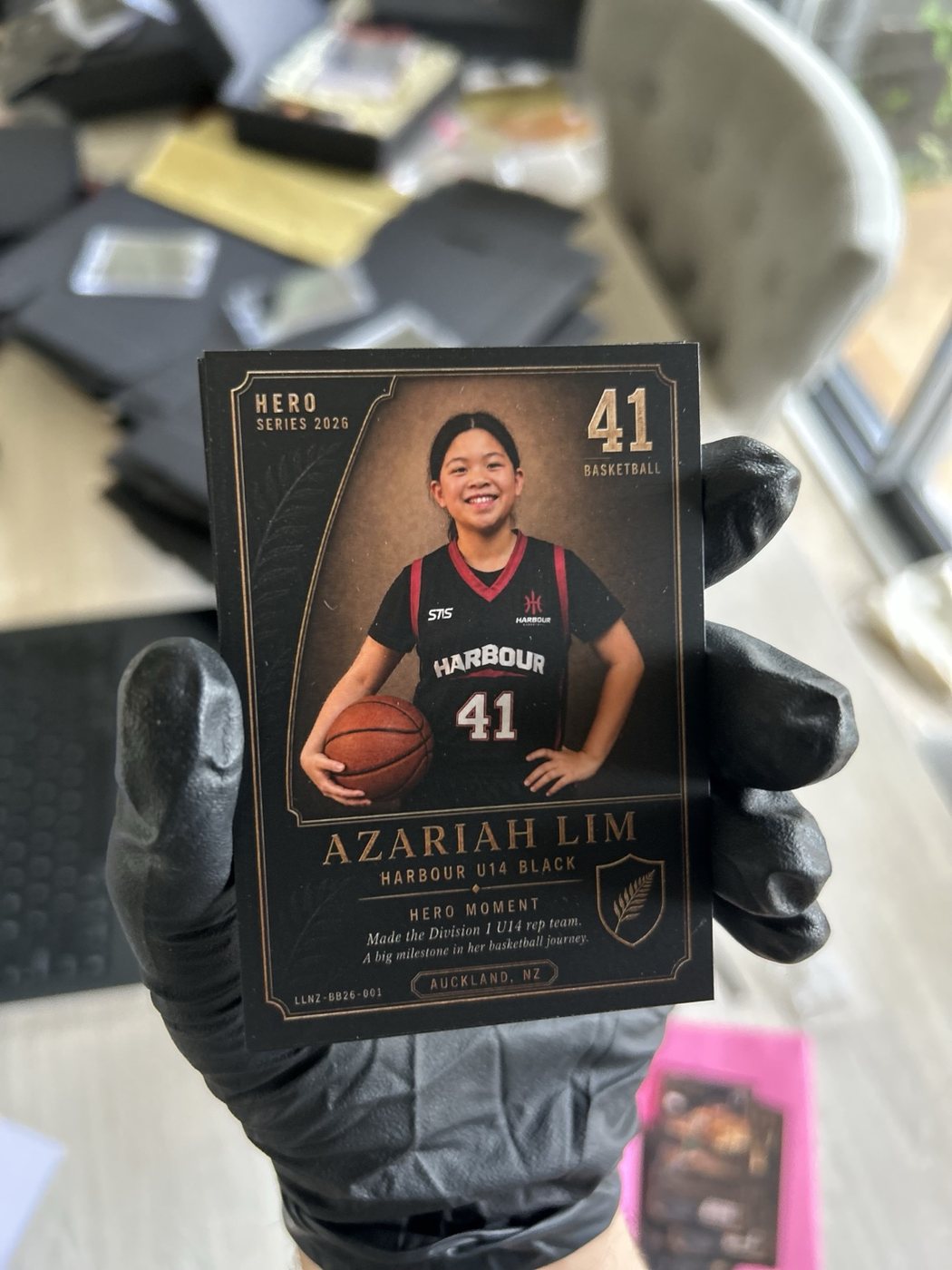 Printed Little Legends basketball card photographed after production