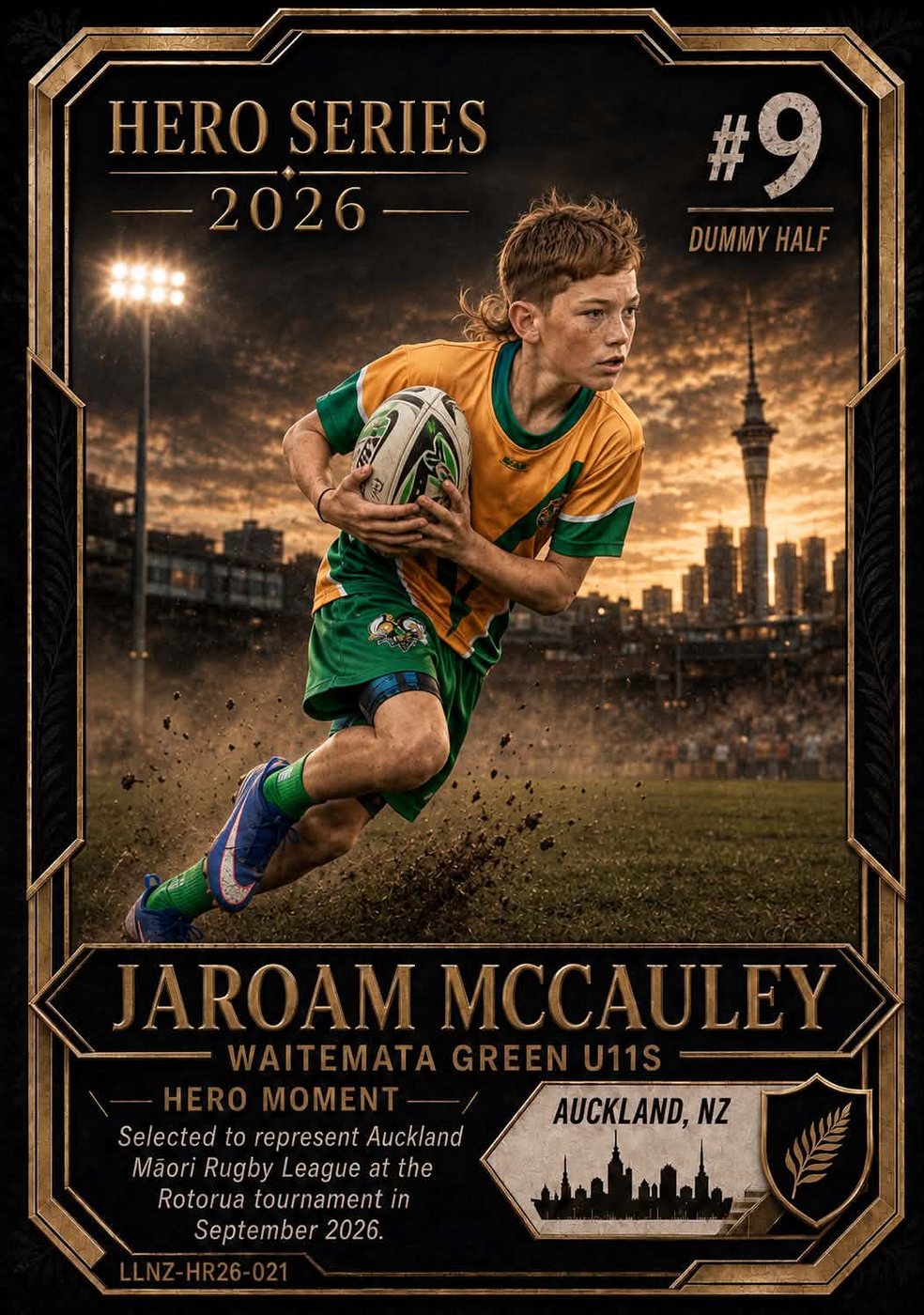Finished Little Legends rugby card design created from the supplied photo