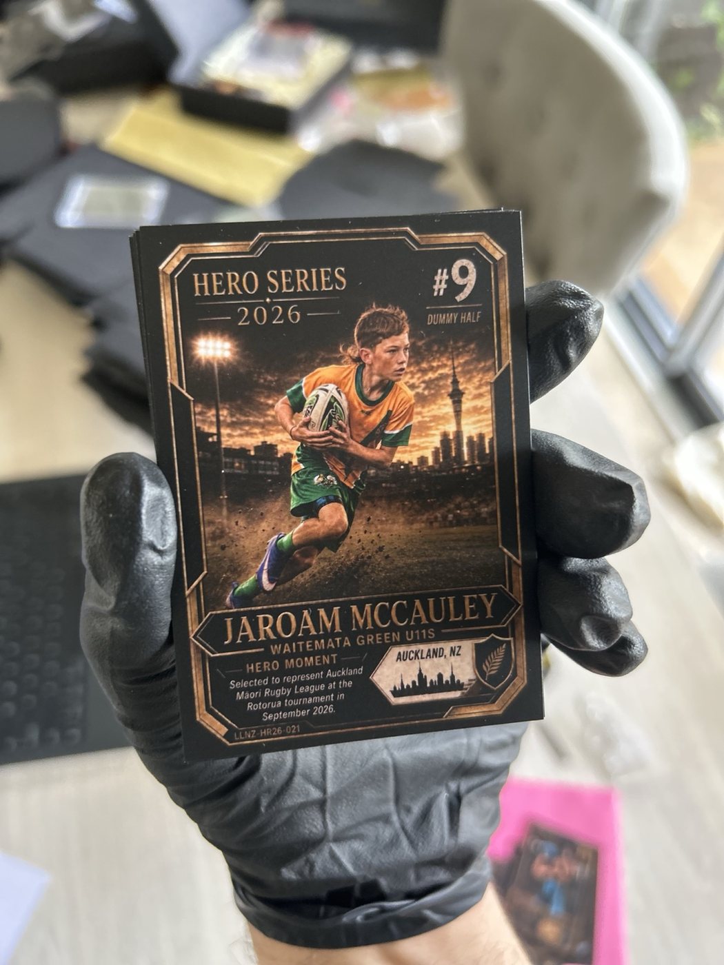 Real printed Jaroam McCauley rugby card photographed after production